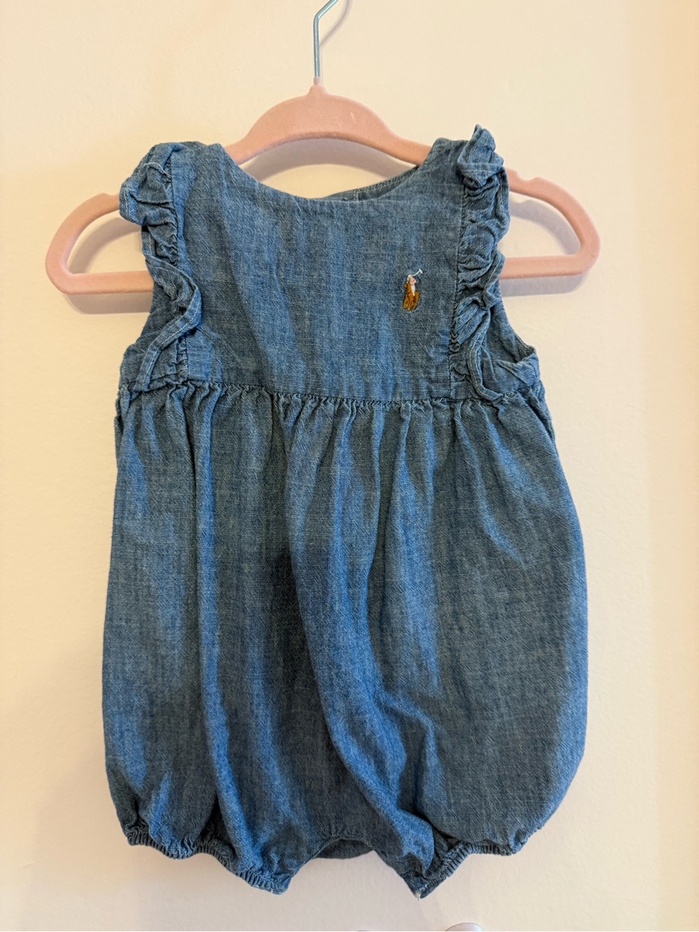 Ralph Lauren Denim Blue Baby Bubble Romper with Ruffle Sleeves